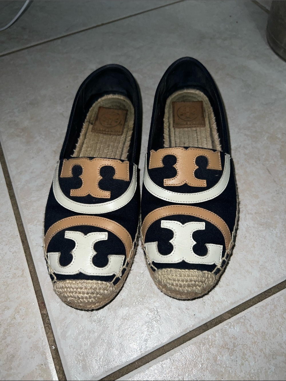Tory Burch Black Canvas Espadrilles with Tan & White Logo Trim